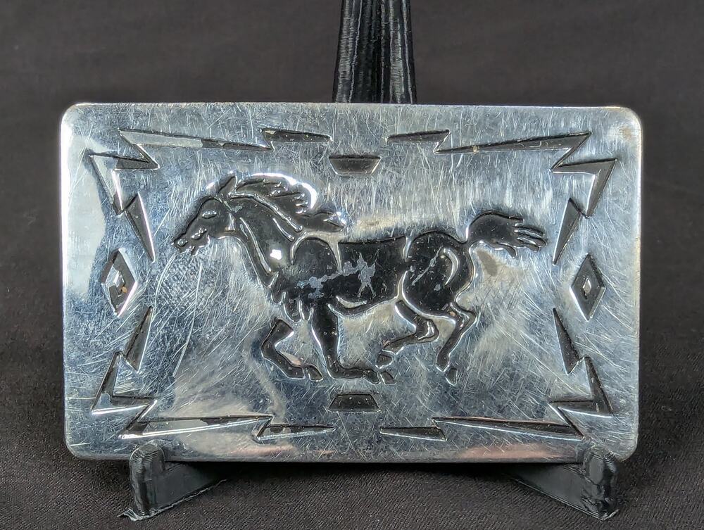 Vintage Chambers Belt Co. Belt Buckle Running Horse Design Geometric Border USA